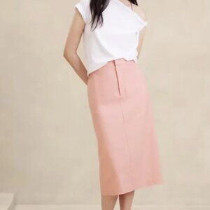 (Size 4) Linen-Blend Herringbone Midi Skirt Color: Bermuda Sand